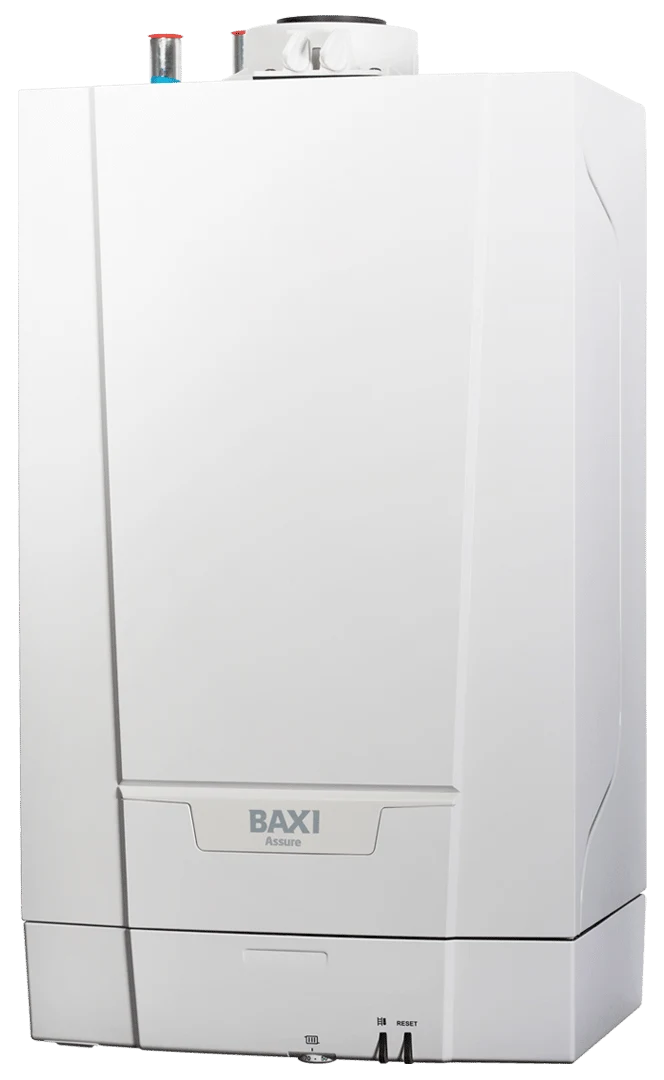 A Baxi Assure heat only boiler shown at an angle with its flue connection on top
