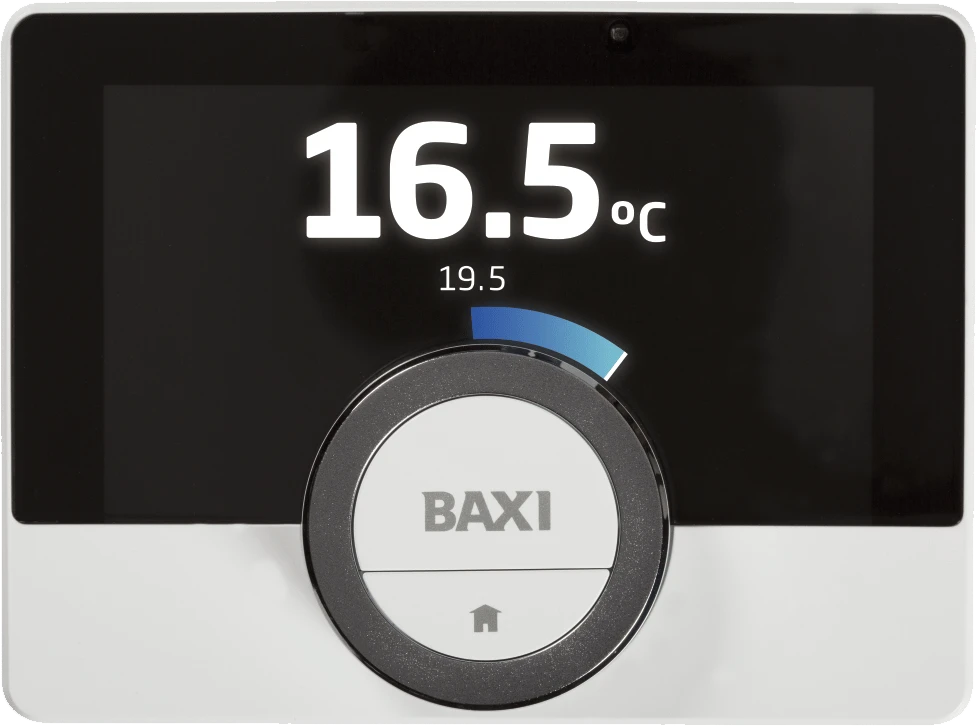 A Baxi uSense 2 smart room thermostat showing the current room temperature on its display