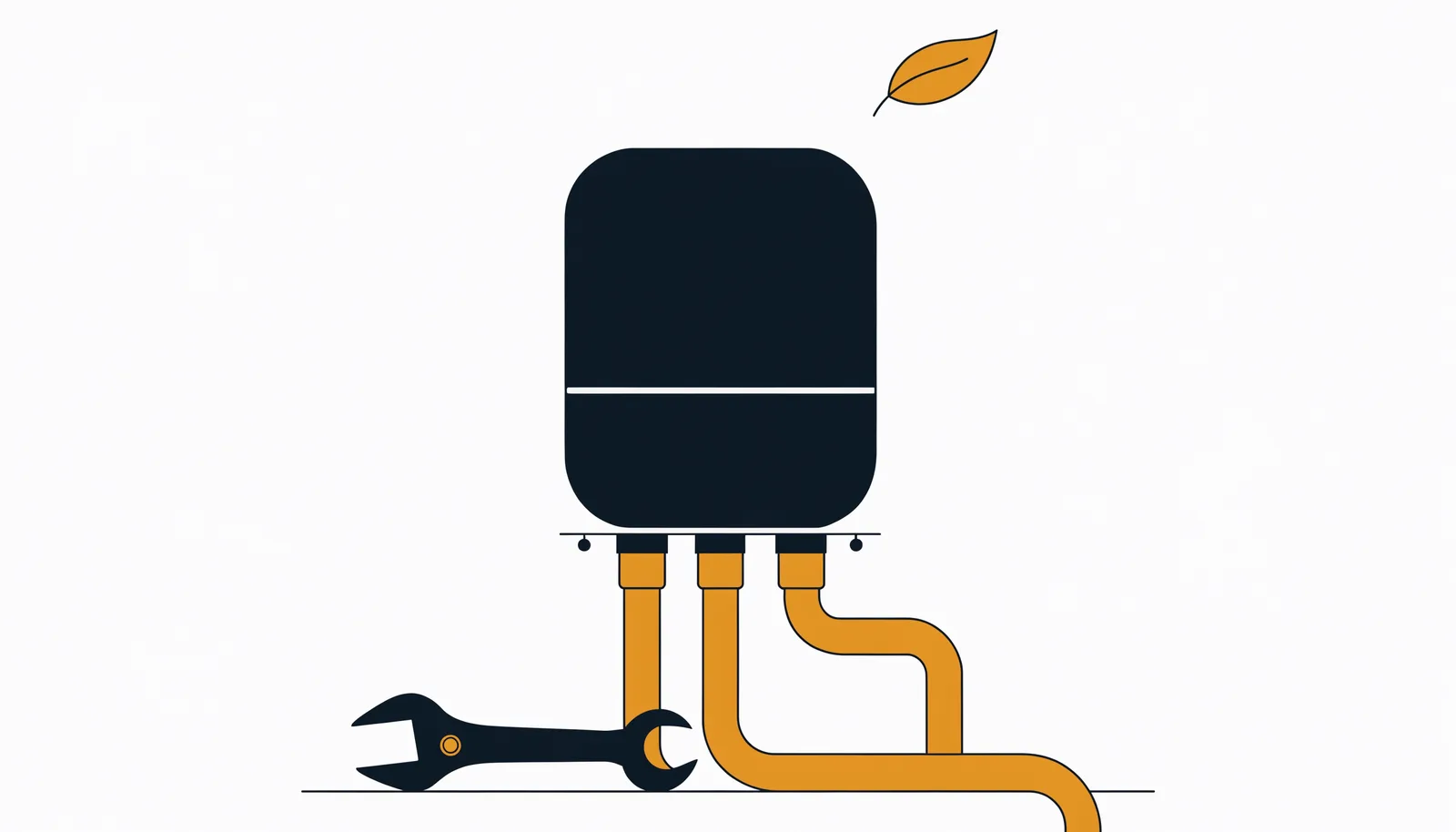 Illustration of a wall-mounted boiler with copper pipes, a spanner and an autumn leaf, representing boiler service season