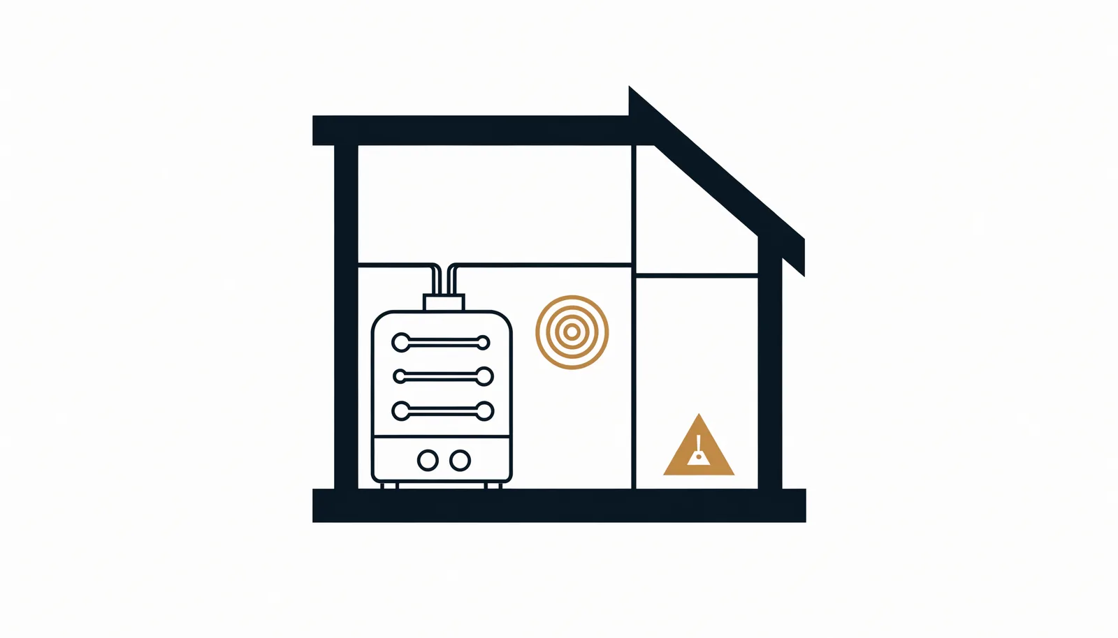 Illustration of a house cross-section showing a boiler, an air vent and a warning triangle, representing common landlord gas safety mistakes
