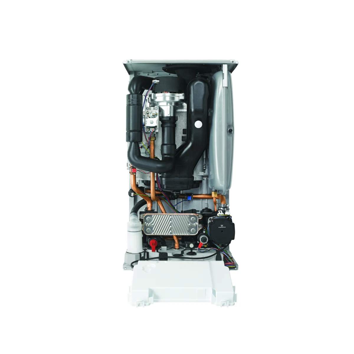 A Glow-worm Energy combi boiler with its front casing removed, showing the heat exchanger, gas valve and pump