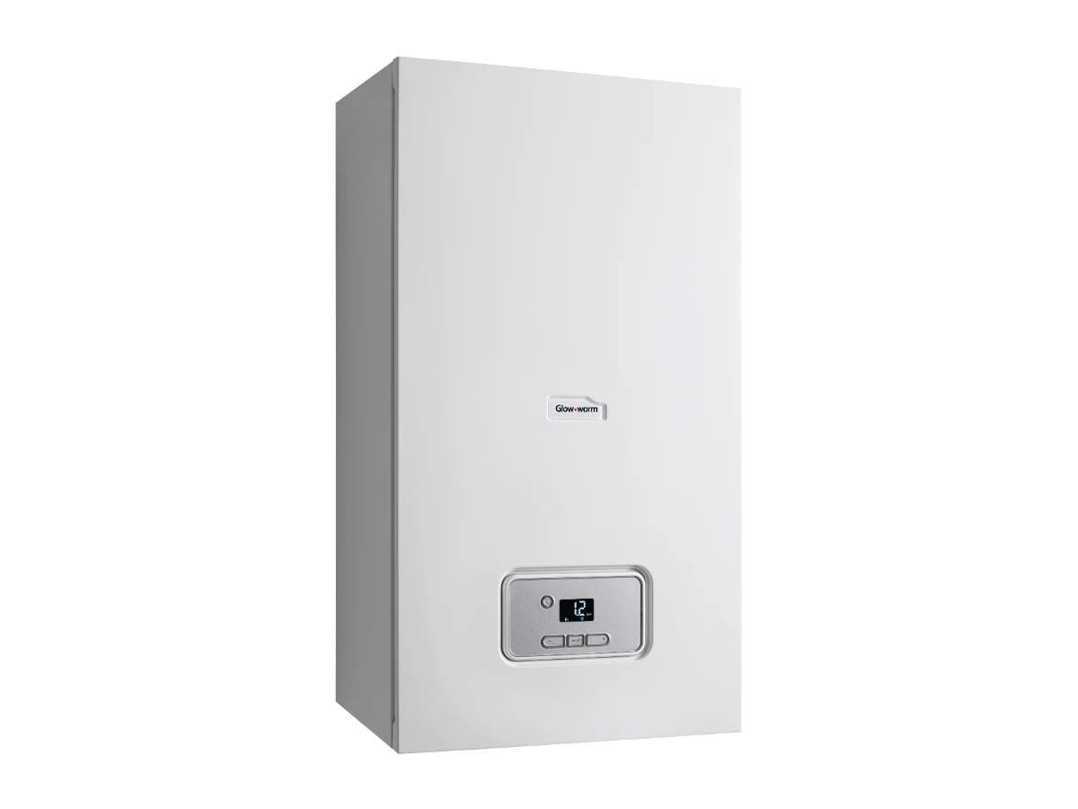 A Glow-worm Energy system boiler, a white wall-mounted unit, shown from the left side