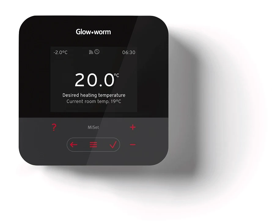 A Glow-worm MiSet wall-mounted heating control showing a desired heating temperature of 20 degrees