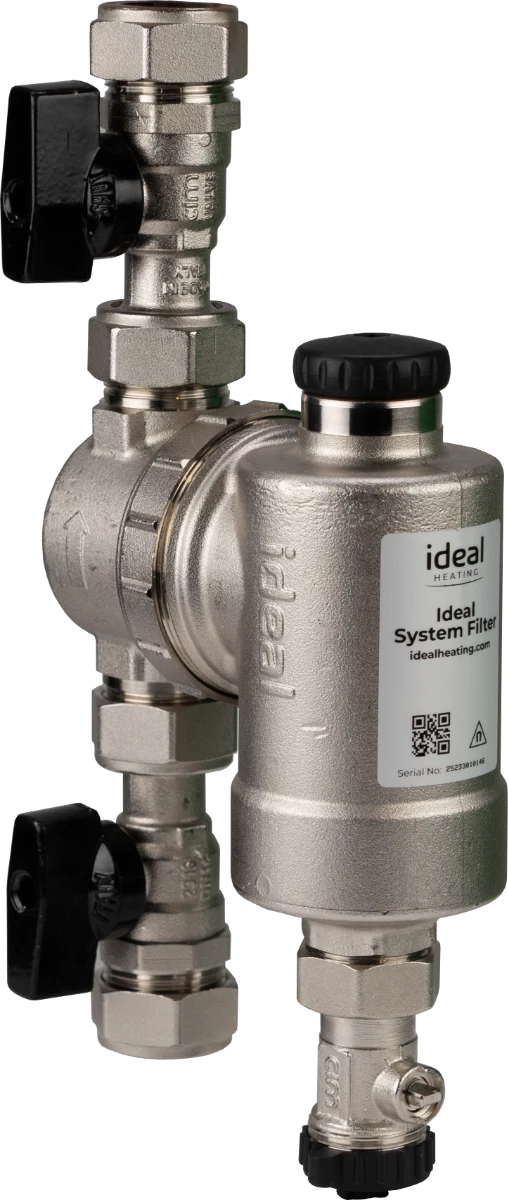 An Ideal System Filter, a brass magnetic central heating filter fitted with two isolating valves and a drain valve