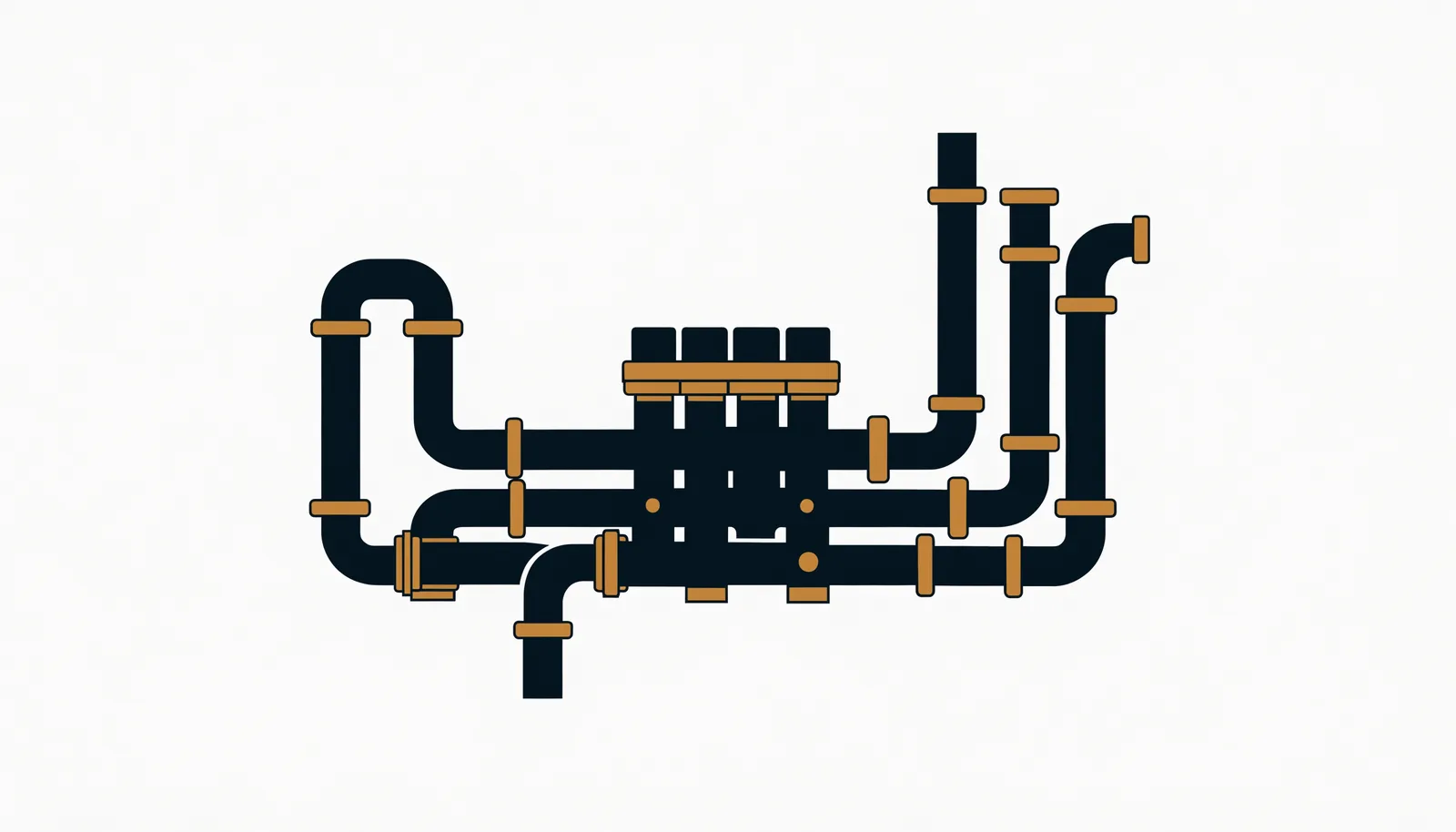 Illustration of interconnected gas heating pipework and a manifold, in graphite and brass