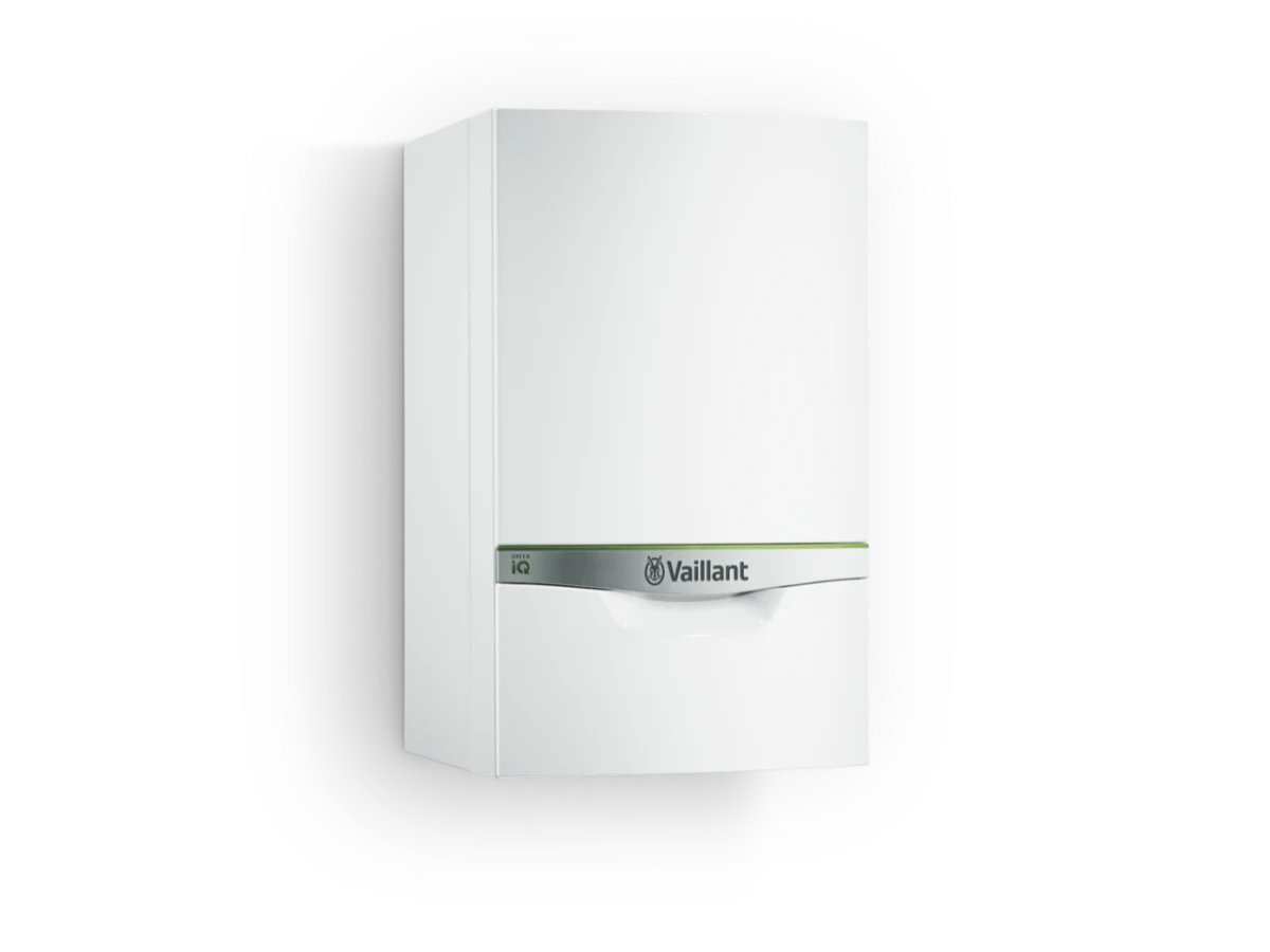 A Vaillant ecoTEC exclusive wall-mounted combi boiler shown at an angle with its front casing closed