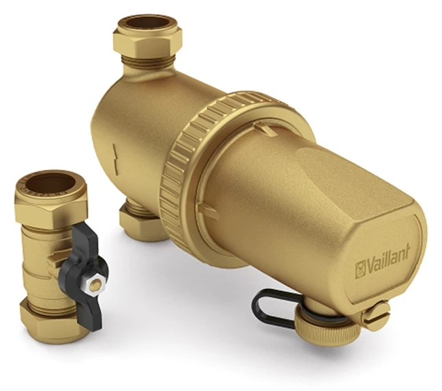 A Vaillant Advance Boiler Protection Kit brass magnetic system filter with its isolation valve