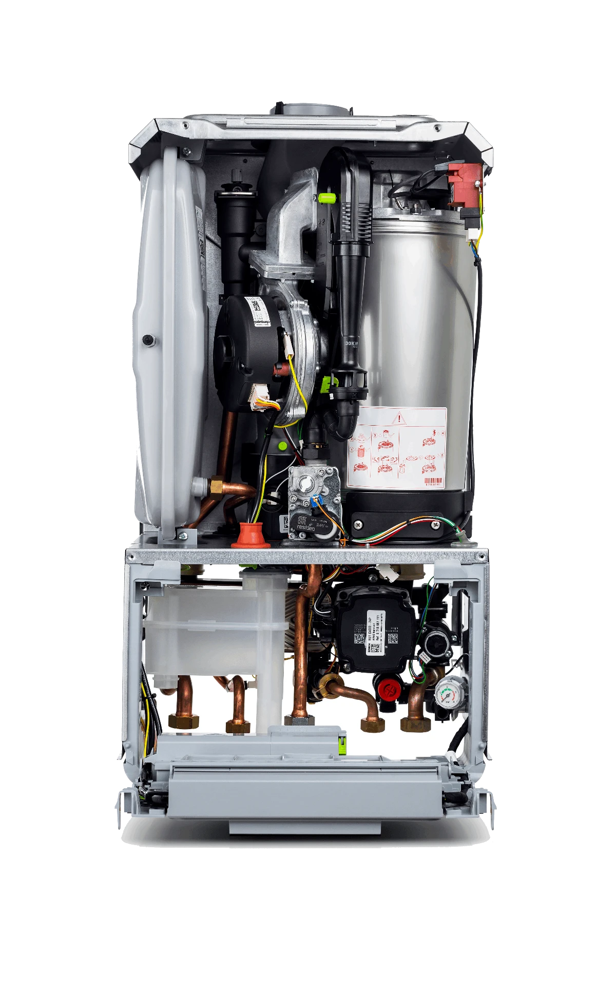 Cutaway view of a Worcester Bosch Greenstar 4000 combi boiler showing its internal components