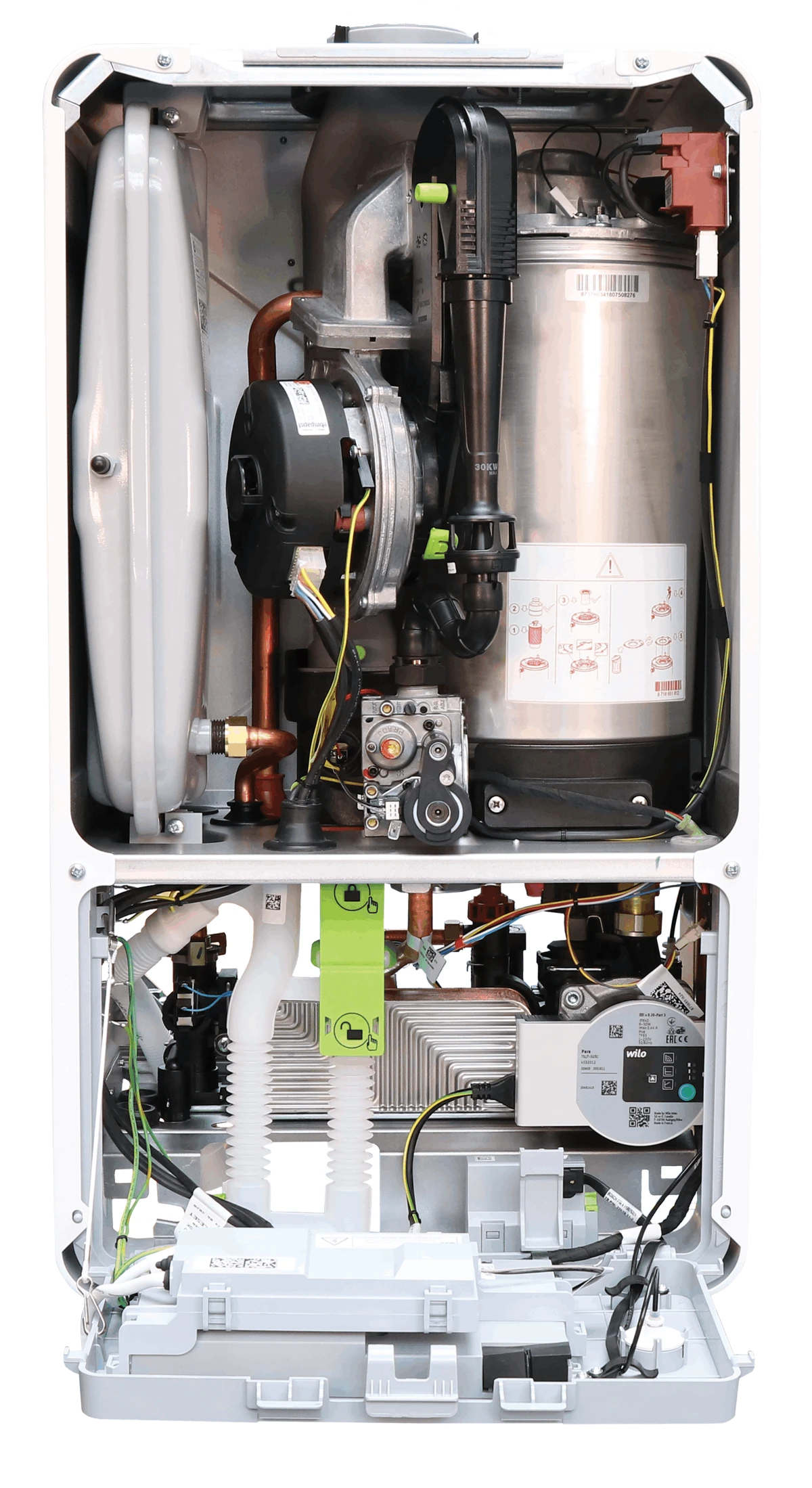 Cutaway view of a Worcester Bosch Greenstar 2000 combi boiler showing its internal components