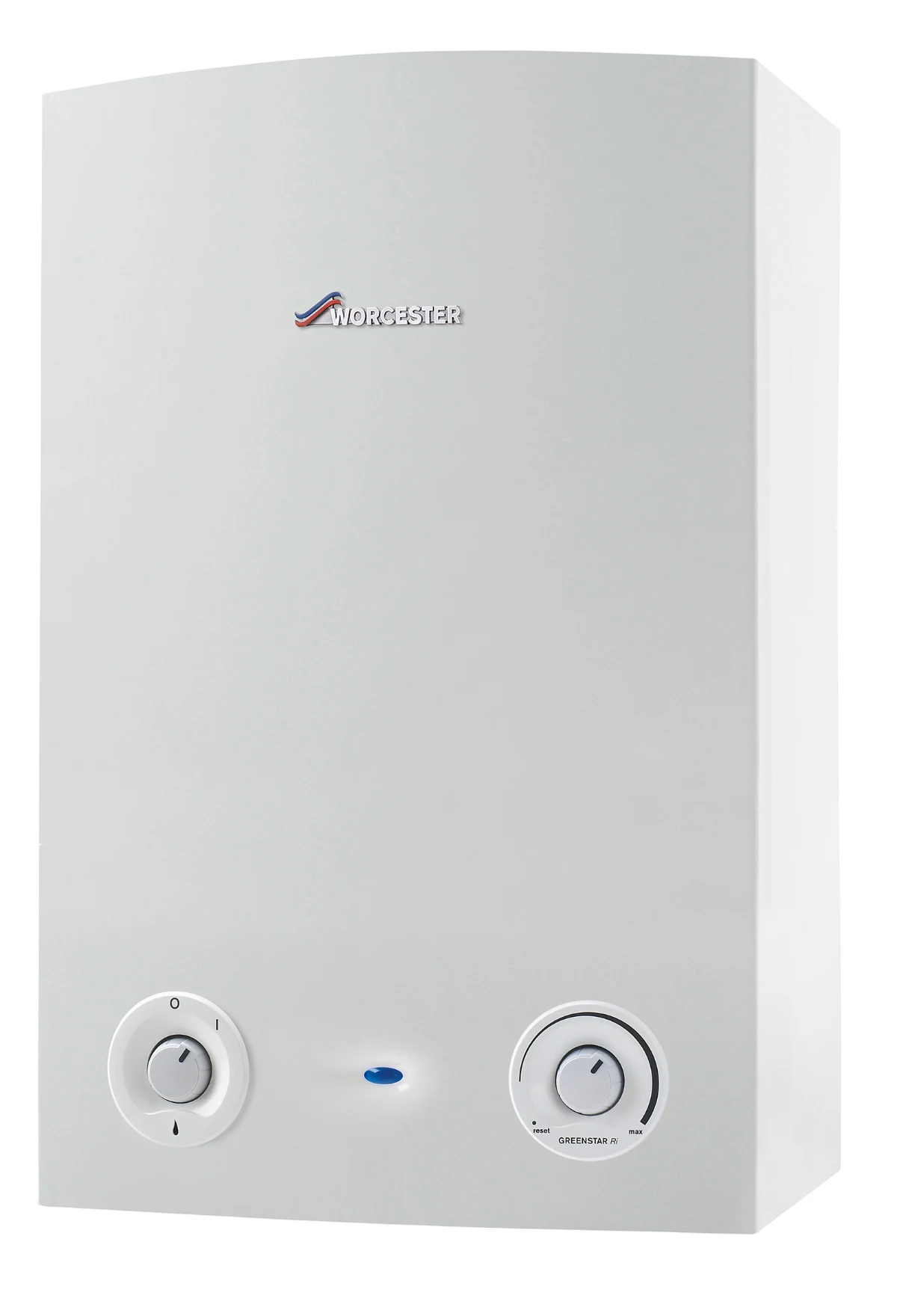 A Worcester Bosch Greenstar Ri regular boiler, a white wall-mounted unit with two control dials
